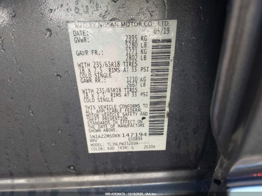 2019 Nissan Murano S VIN: 5N1AZ2MS0KN147194 Lot: 43926478