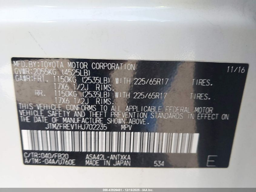 2017 Toyota Rav4 Le VIN: JTMZFREV1HJ702235 Lot: 43926481
