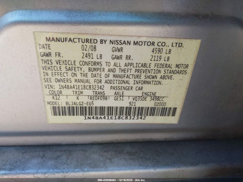 2008 Nissan Maxima 3.5 Sl VIN: 1N4BA41E18C832342 Lot: 43926482