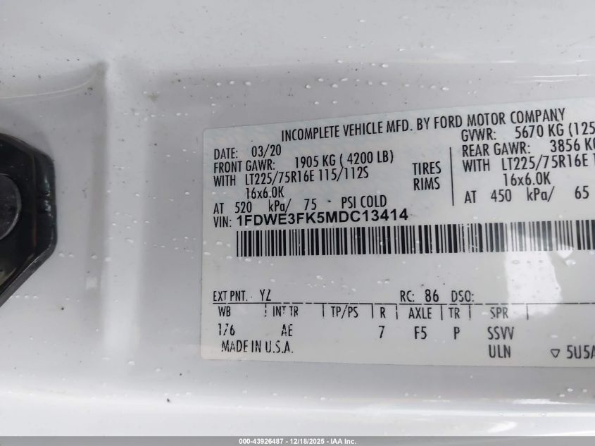 2021 Ford E-350 Cutaway VIN: 1FDWE3FK5MDC13414 Lot: 43926487