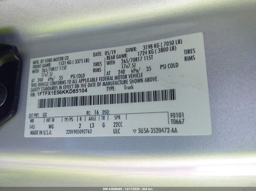 2019 Ford F-150 Xl VIN: 1FTFX1E56KKD85104 Lot: 43926489