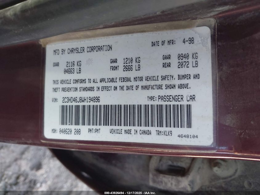 1998 Chrysler Concorde Lx VIN: 2C3HD46J8WH194896 Lot: 43926494