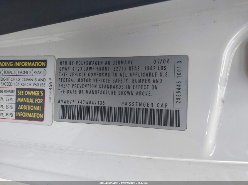 2007 Volkswagen Gti 2-Door VIN: WVWEV71K47W047135 Lot: 43926496