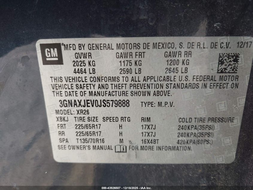 2018 Chevrolet Equinox Lt VIN: 3GNAXJEV0JS579888 Lot: 43926507