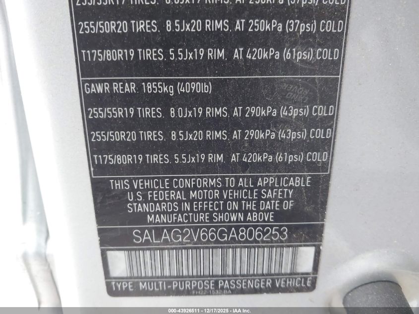 2016 Land Rover Lr4 VIN: SALAG2V66GA806253 Lot: 43926511