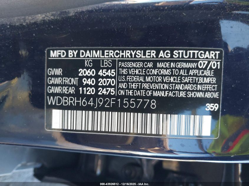 2002 Mercedes-Benz C 320 VIN: WDBRH64J92F155778 Lot: 43926512