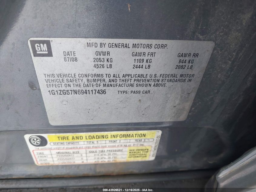 2009 Chevrolet Malibu Ls VIN: 1G1ZG57N694117436 Lot: 43926521