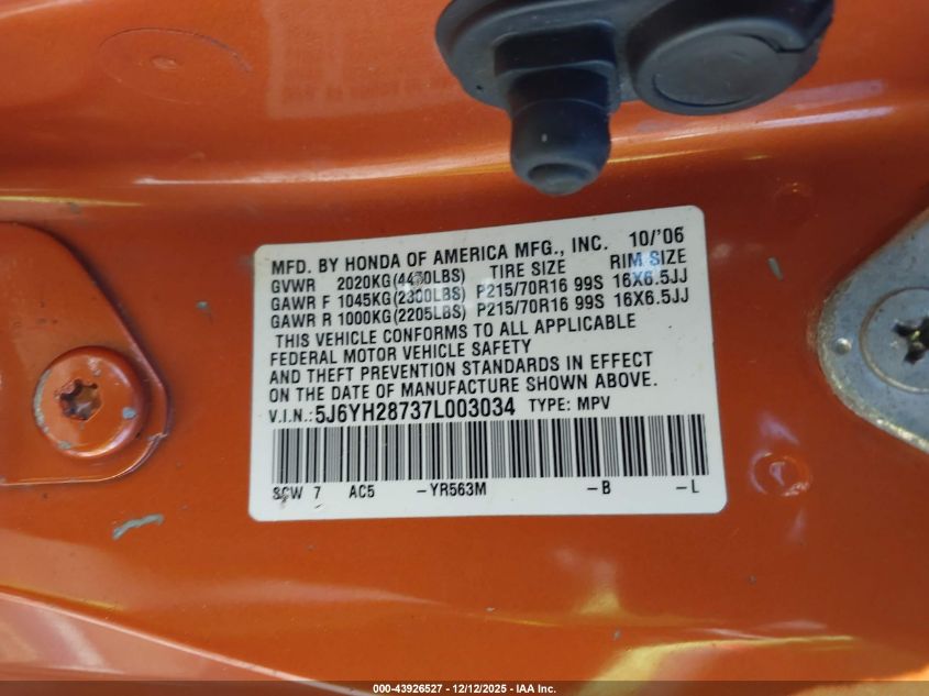 2007 Honda Element Ex VIN: 5J6YH28737L003034 Lot: 43926527