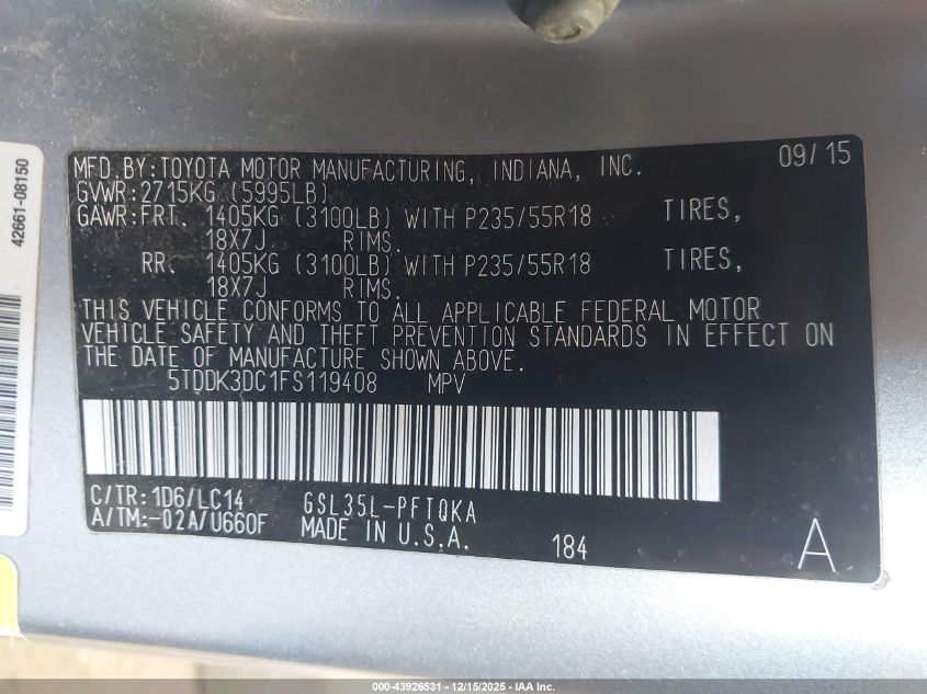 2015 Toyota Sienna Xle 7 Passenger VIN: 5TDDK3DC1FS119408 Lot: 43926531