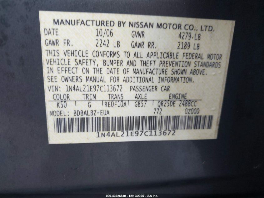2007 Nissan Altima 2.5 S VIN: 1N4AL21E97C113672 Lot: 43926530