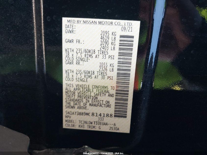 2021 Nissan Rogue Sv Intelligent Awd VIN: 5N1AT3BB9MC814188 Lot: 43926532