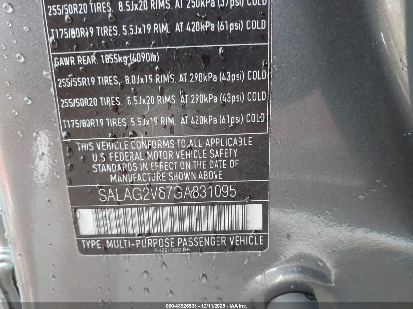 2016 Land Rover Lr4 VIN: SALAG2V67GA831095 Lot: 43926538