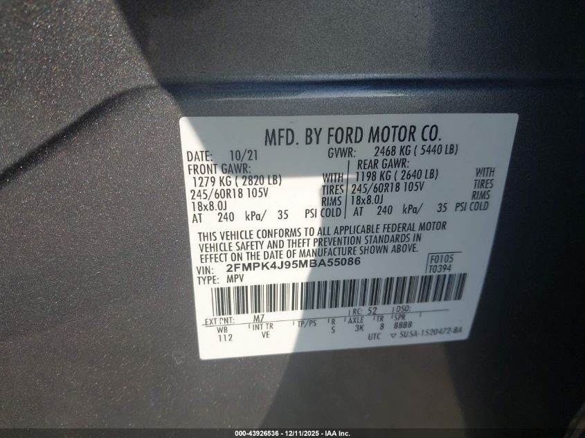 2021 Ford Edge Sel VIN: 2FMPK4J95MBA55086 Lot: 43926536