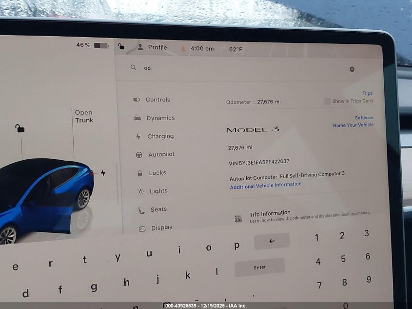 2023 Tesla Model 3 Rear-Wheel Drive VIN: 5YJ3E1EA5PF422637 Lot: 43926539