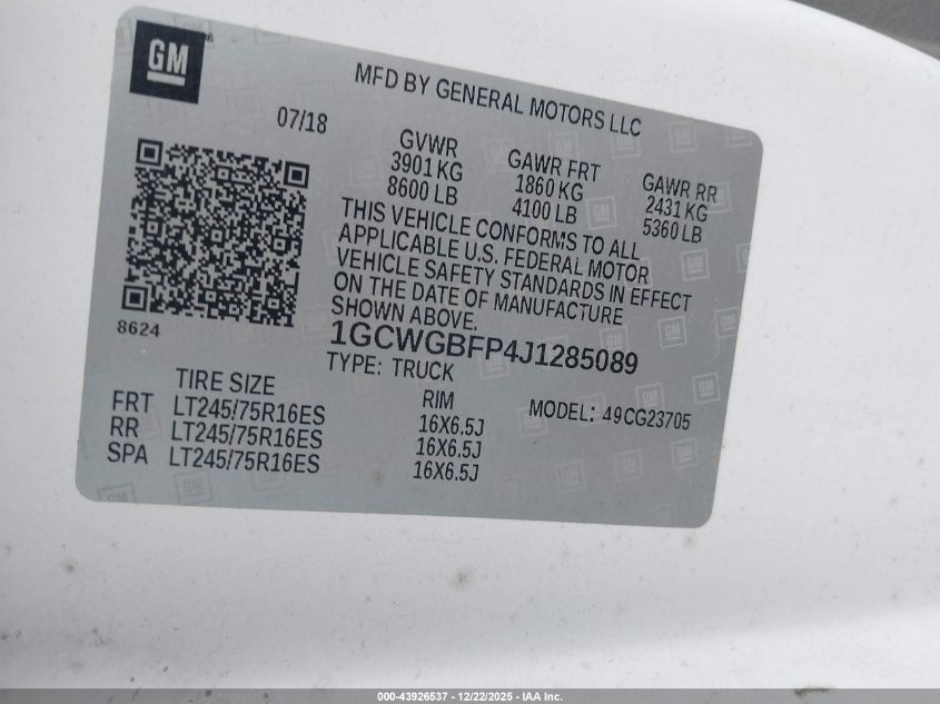 2018 Chevrolet Express 2500 Work Van VIN: 1GCWGBFP4J1285089 Lot: 43926537