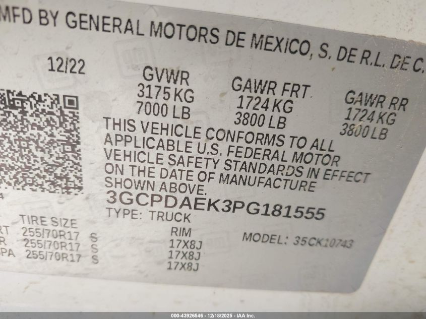 2023 Chevrolet Silverado 1500 4Wd Standard Bed Wt VIN: 3GCPDAEK3PG181555 Lot: 43926546