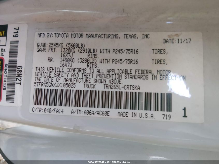2018 Toyota Tacoma Sr VIN: 5TFRX5GNXJX105025 Lot: 43926547