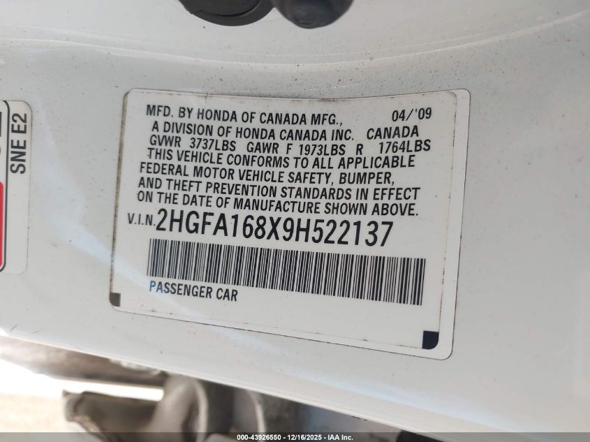 2009 Honda Civic Ex VIN: 2HGFA168X9H522137 Lot: 43926550