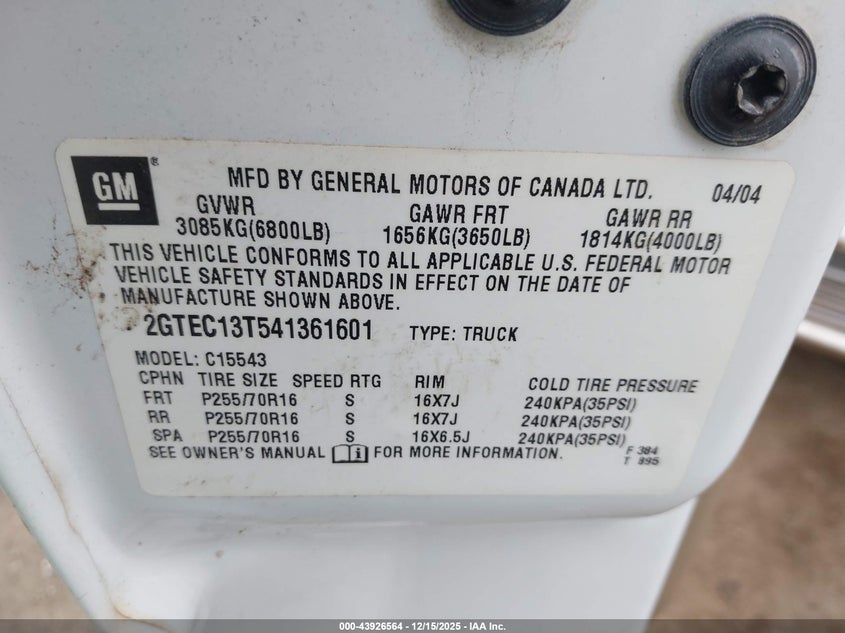 2004 GMC Sierra 1500 Sle VIN: 2GTEC13T541361601 Lot: 43926564