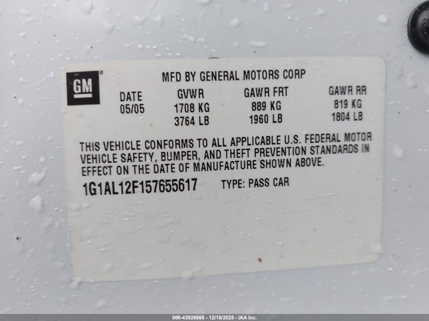 2005 Chevrolet Cobalt Ls VIN: 1G1AL12F157655617 Lot: 43926565