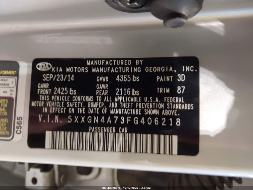 2015 Kia Optima Ex VIN: 5XXGN4A73FG406218 Lot: 43926570