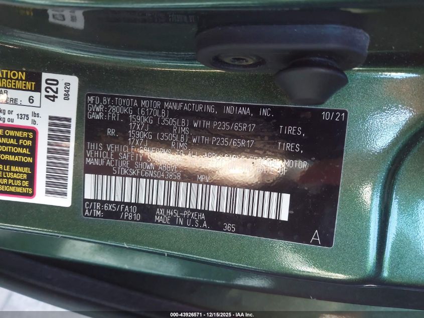 2022 Toyota Sienna Le VIN: 5TDKSKFC6NS043858 Lot: 43926571