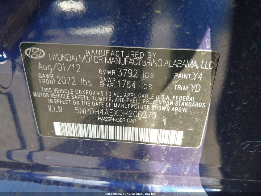 2013 Hyundai Elantra Gls/Limited VIN: 5NPDH4AEXDH206379 Lot: 43926573