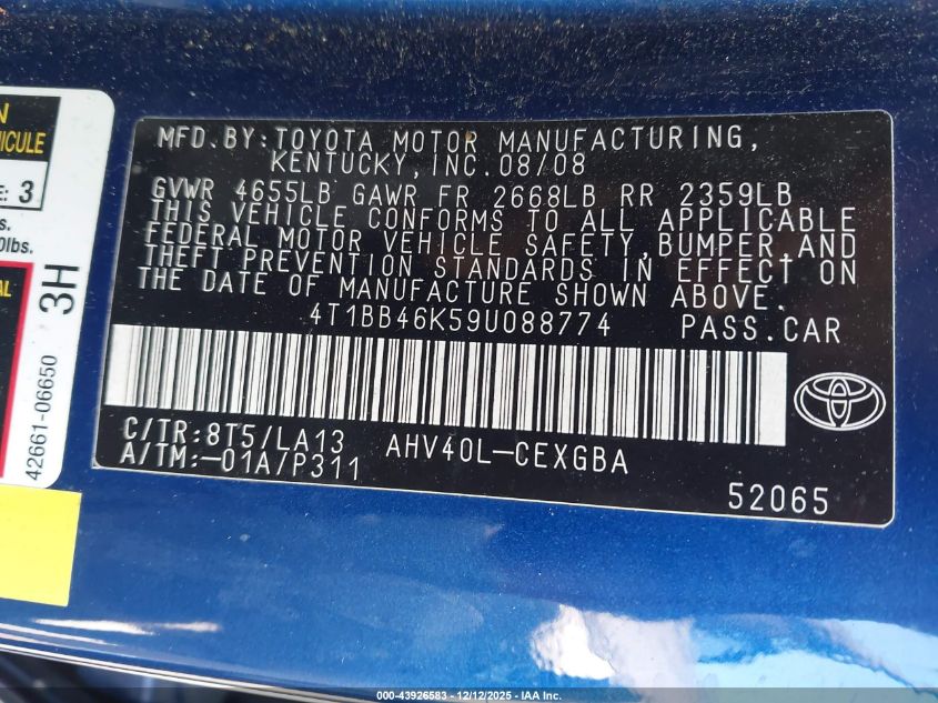 2009 Toyota Camry Hybrid VIN: 4T1BB46K59U088774 Lot: 43926583