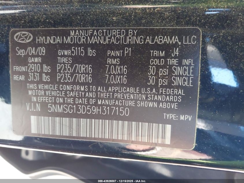 2009 Hyundai Santa Fe Gls VIN: 5NMSG13D59H317150 Lot: 43926587