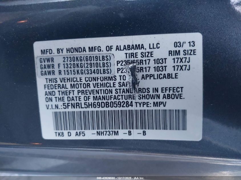 2013 Honda Odyssey Ex-L VIN: 5FNRL5H69DB059284 Lot: 43926588