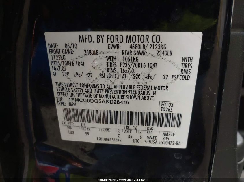 2010 Ford Escape Xlt VIN: 1FMCU9DG5AKD28416 Lot: 43873311