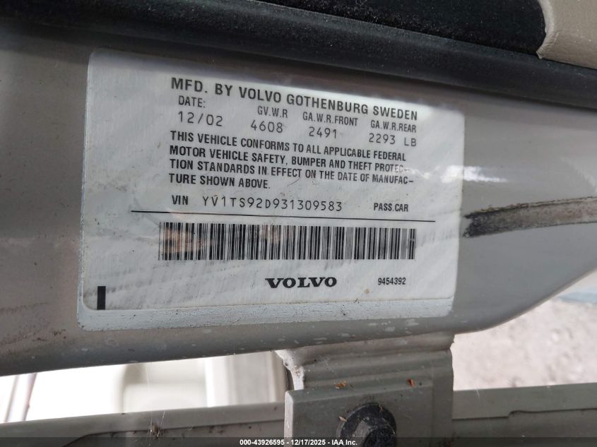 2003 Volvo S80 2.9 VIN: YV1TS92D931309583 Lot: 43926595
