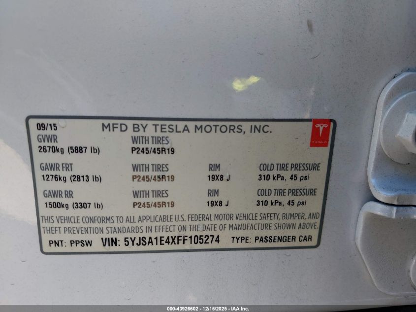 2015 Tesla Model S 85D/P85D VIN: 5YJSA1E4XFF105274 Lot: 43926602