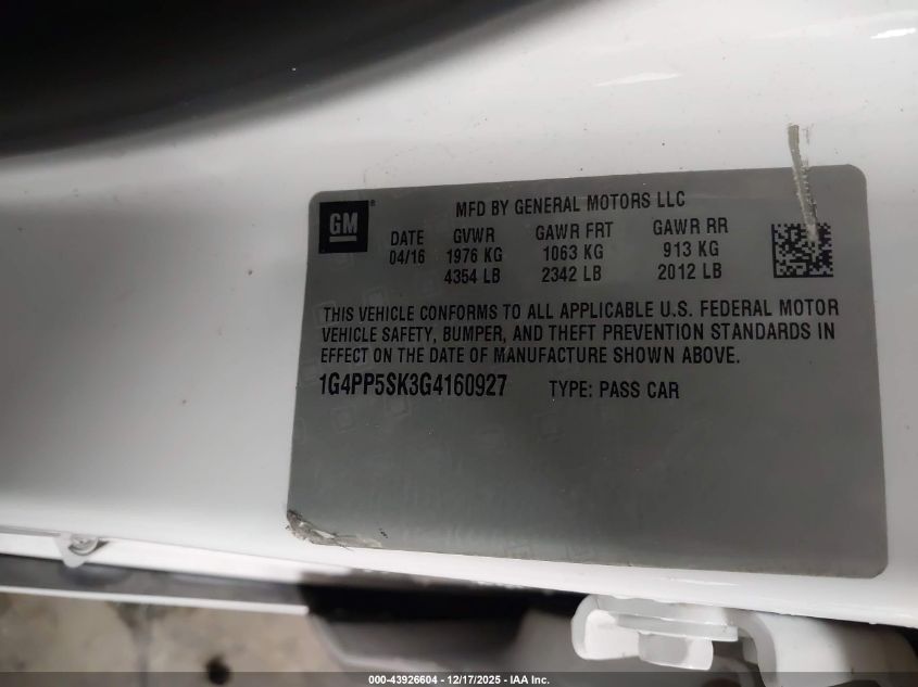 2016 Buick Verano VIN: 1G4PP5SK3G4160927 Lot: 43926604