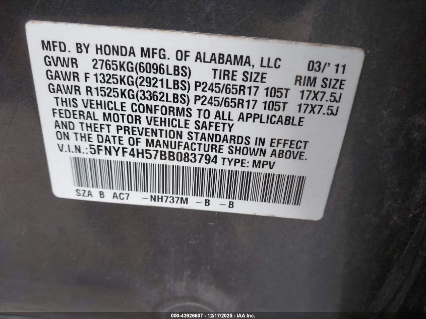 2011 Honda Pilot Ex-L VIN: 5FNYF4H57BB083794 Lot: 43926607