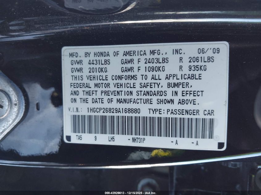 2009 Honda Accord 2.4 Ex-L VIN: 1HGCP26829A168880 Lot: 43926613