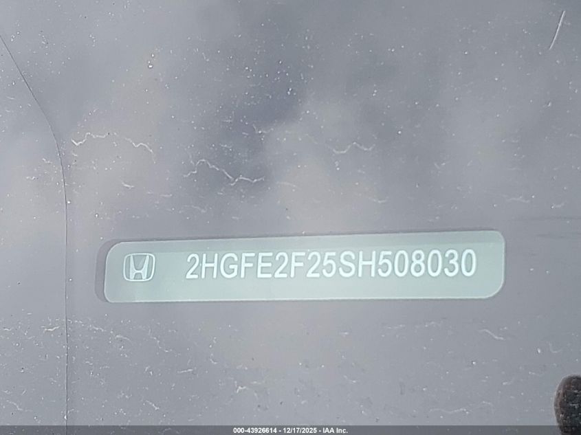 2025 Honda Civic Lx VIN: 2HGFE2F25SH508030 Lot: 43926614