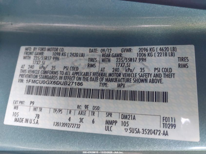 2013 Ford Escape Se VIN: 1FMCU0GX6DUB27186 Lot: 43926615