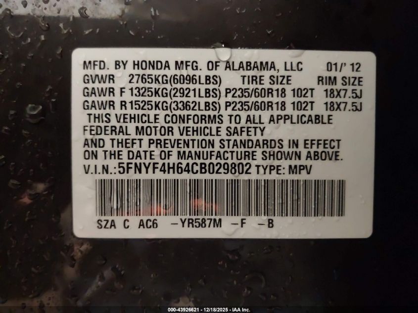 2012 Honda Pilot Ex-L VIN: 5FNYF4H64CB029802 Lot: 43926621