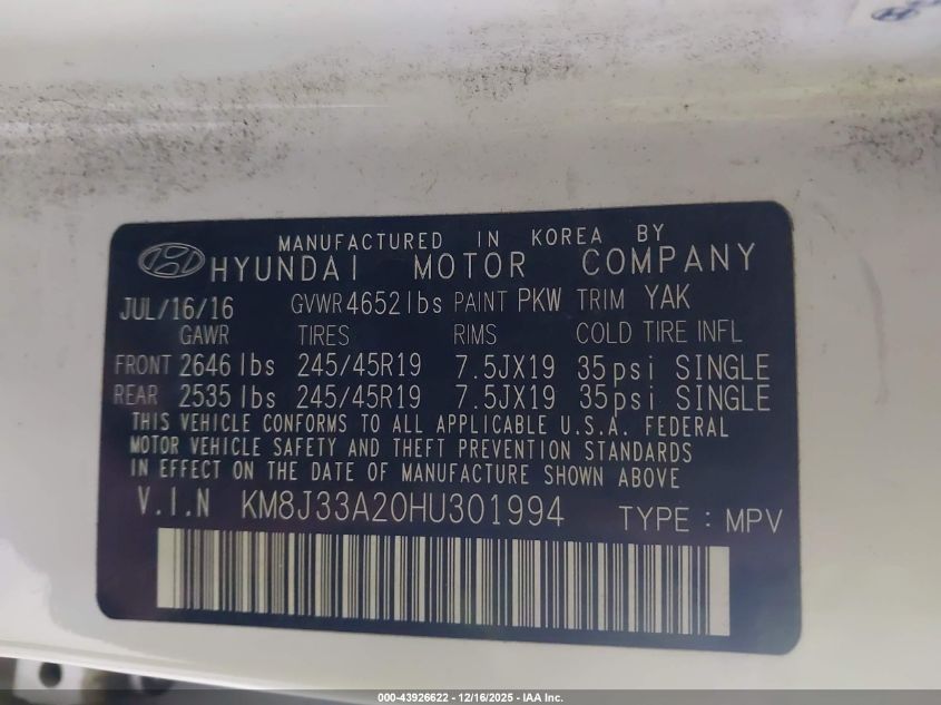 2017 Hyundai Tucson Sport VIN: KM8J33A20HU301994 Lot: 43926622