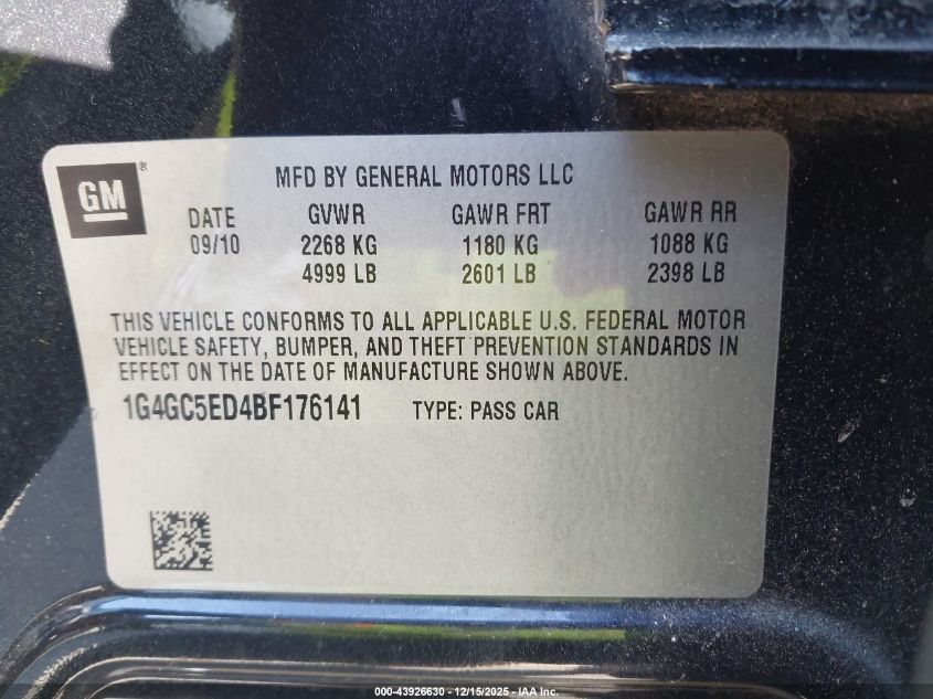 2011 Buick Lacrosse Cxl VIN: 1G4GC5ED4BF176141 Lot: 43926630
