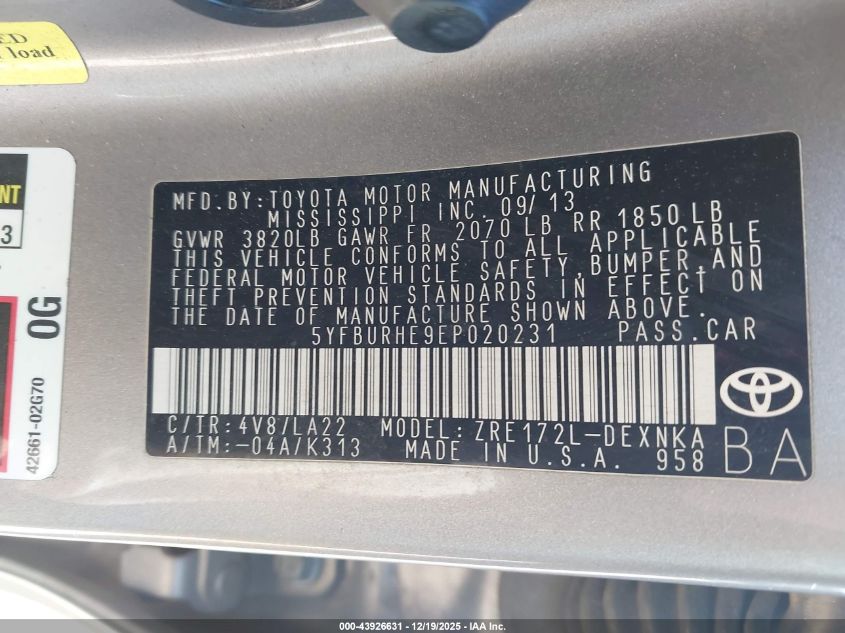 2014 Toyota Corolla Le Premium VIN: 5YFBURHE9EP020231 Lot: 43926631