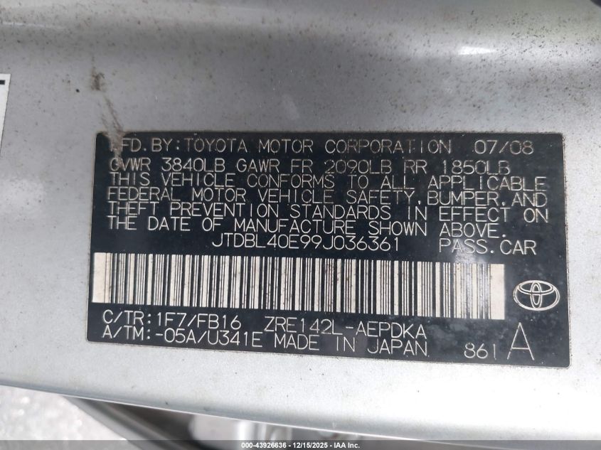 2009 Toyota Corolla Le/S/Xle VIN: JTDBL40E99J036361 Lot: 43926636