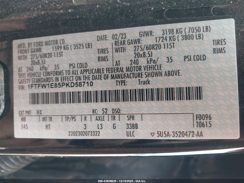 2023 Ford F-150 Lariat VIN: 1FTFW1E85PKD58710 Lot: 43926639