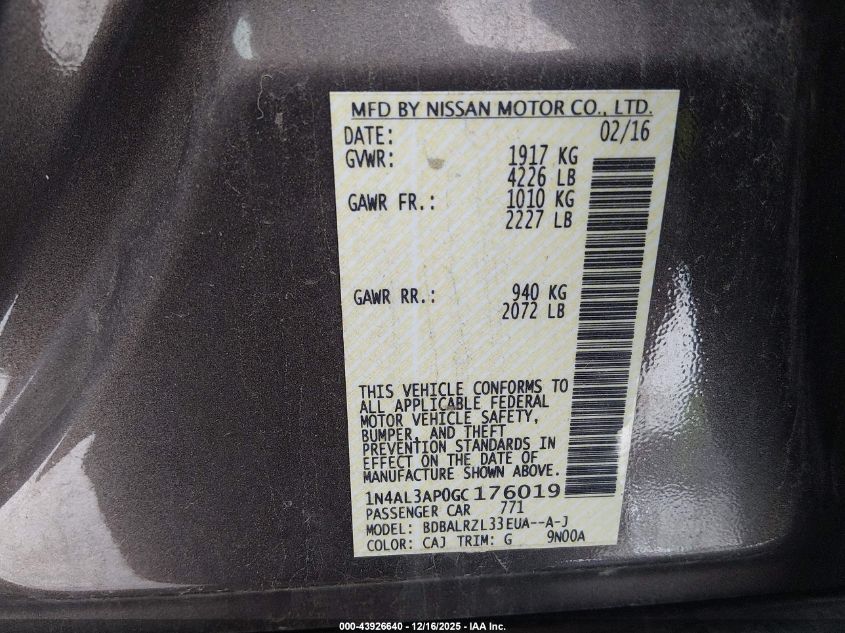 2016 Nissan Altima 2.5 Sl VIN: 1N4AL3AP0GC176019 Lot: 43926640