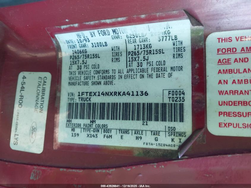 1994 Ford F150 VIN: 1FTEX14NXRKA41136 Lot: 43926641