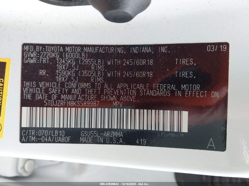 2019 Toyota Highlander Xle VIN: 5TDJZRFH8KS589987 Lot: 43926642