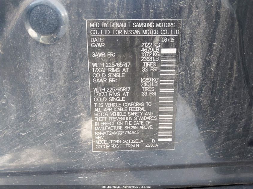 2016 Nissan Rogue Sv VIN: KNMAT2MV1GP734645 Lot: 43926643