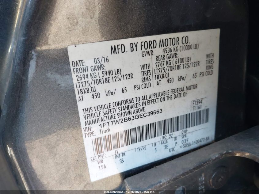 2016 Ford F-250 Xlt VIN: 1FT7W2B63GEC39663 Lot: 43926645