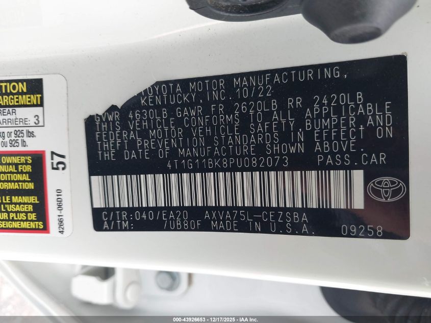 2023 Toyota Camry Se Awd VIN: 4T1G11BK8PU082073 Lot: 43926653